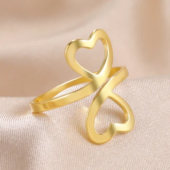 Полые кольца с двойным сердцем из нержавеющей стали, пара Любит золотой цвет, Эстетическая мода, Регулируемое украшение для пальцев, Ювелирный подарок