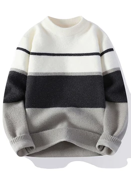 Осенний модный бренд 2023, Повседневный вязаный свитер с круглым вырезом, Мужские свитера в полоску, Пуловеры, Мужской трикотаж контрастного цвета A18