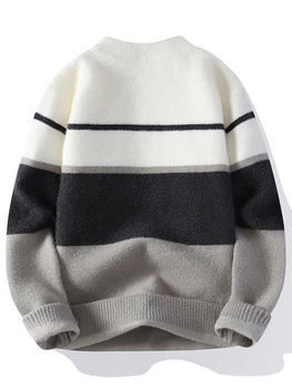 Осенний модный бренд 2023, Повседневный вязаный свитер с круглым вырезом, Мужские свитера в полоску, Пуловеры, Мужской трикотаж контрастного цвета A18 Изображение 2