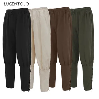 Мужские средневековые корсарские брюки с эластичной талией, летняя тонкая однотонная повязка, мужские винтажные однотонные повседневные брюки-карандаш