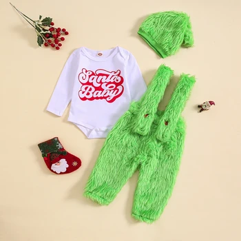 Рождественский комбинезон для новорожденных Мальчиков и девочек, Зеленый комбинезон с буквенным принтом Монстра, Пушистые Зеленые брюки для костюма на подтяжках Изображение 2