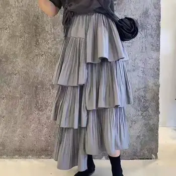 Женская юбка для торта с высокой талией и эластичным поясом, женская юбка, свободная асимметричная плиссированная юбка для торта, длинная юбка faldas Изображение 2