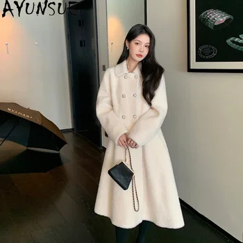 AYUNSUE Высококачественные 100% Шерстяные Пальто для Женщин 2023, Зимняя Элегантная Длинная Куртка Для Стрижки Овец в Корейском Стиле Manteau Femme Hiver