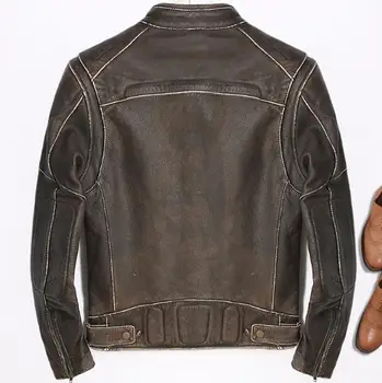 Мужская Куртка из натуральной кожи, мотоциклетная винтажная коричневая куртка из натуральной коровьей кожи, мужская высококачественная роскошная брендовая одежда, топ Изображение 2
