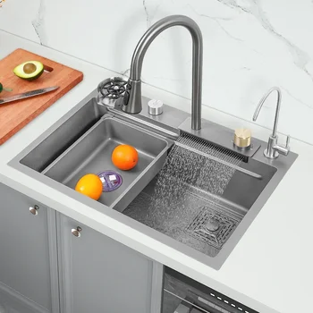 Кухонная раковина Водопад из нержавеющей стали, большая посудомоечная машина с одной чашей, Нано Многофункциональный смеситель для раковины, современный умывальник