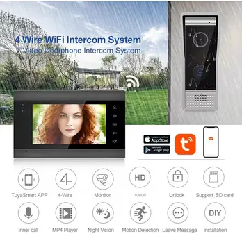 7-дюймовый комплект домашнего домофона TUYA WiFi Smart APP с разрешением 1080P, беспроводной видеодомофон, проводной дверной звонок для системы контроля доступа RFID Изображение 2