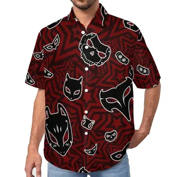 Persona 5 Phantom Thieves Mask Блузки Мужские Видеоигры Morgana Повседневные Рубашки Гавайская Уличная Одежда С Коротким Рукавом Оверсайз Пляжная Рубашка