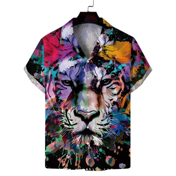Рубашки с 3D принтом Тигра и граффити Для мужчин Одежда с животным рисунком, Короткий рукав, Модная блузка с лацканами, кардиган оверсайз, Топы y2k