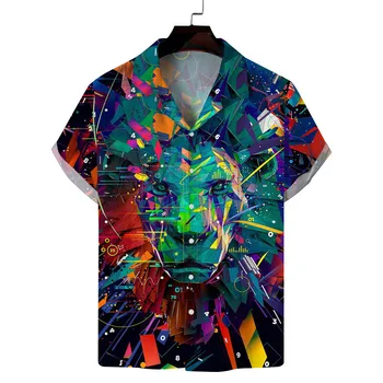 Рубашки с 3D принтом Тигра и граффити Для мужчин Одежда с животным рисунком, Короткий рукав, Модная блузка с лацканами, кардиган оверсайз, Топы y2k Изображение 2