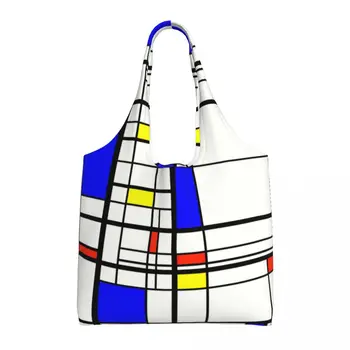 De Stijl Piet Mondrian Сумка для покупок из продуктового магазина Холщовая сумка для покупок с принтом Сумки через плечо Большой емкости Моющаяся сумка современного искусства Изображение 2