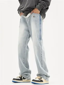 Светло-голубые Джинсы Мужские Y2K, Однотонные Прямые брюки с карманами на пуговицах, Свободные Простые брюки A149