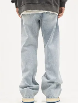 Светло-голубые Джинсы Мужские Y2K, Однотонные Прямые брюки с карманами на пуговицах, Свободные Простые брюки A149 Изображение 2