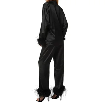 Модный атласный пижамный комплект для женщин, однотонная однобортная рубашка с длинным рукавом, топ и брюки с декором из перьев, пижамы Изображение 2