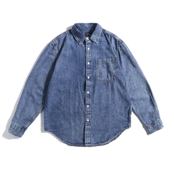 Весной 2022 года новая японская ретро-рубашка из 100% хлопчатобумажной джинсовой ткани с длинными рукавами, простое свободное повседневное застиранное пальто