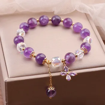 Браслет с фиолетовым кристаллом для женщин, металлическая цепочка золотого цвета, прозрачные бусины ручной работы, нитки для рук с подвеской в виде бабочки