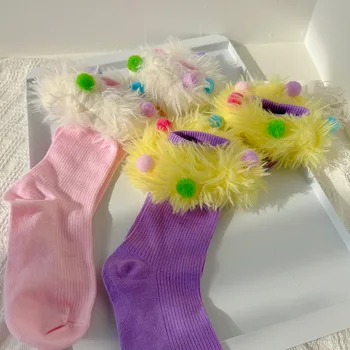 Y2K Girl Плюшевый мяч Конфетного цвета, Носки средней длины, Однотонные Пушистые Меховые носки с ворсом в пол, Корейские Женские Хлопчатобумажные Длинные Чулки, 2 шт. Изображение 2