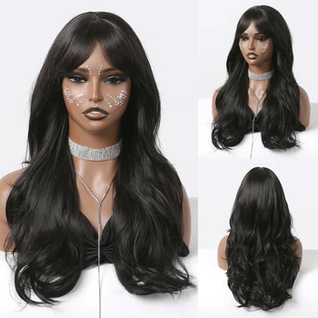 Черный длинный парик с объемной волной, синтетические парики из черных волос с челкой для афро-женщин, натуральный повседневный косплей, мягкое высокотемпературное волокно