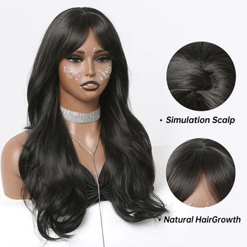 Черный длинный парик с объемной волной, синтетические парики из черных волос с челкой для афро-женщин, натуральный повседневный косплей, мягкое высокотемпературное волокно Изображение 2