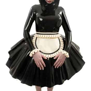 Сексуальное Латексное платье Французской горничной с оборками Манжеты на фартуке Молния сзади Резиновая форма Облегающий комбинезон