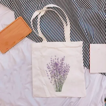 Женская холщовая сумка с цветочным принтом лаванды, забавная модная повседневная хозяйственная сумка, сумка большой емкости, студенческая сумка, холщовая сумка Изображение 2