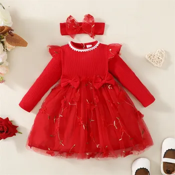 Весенне-осенние платья для новорожденных девочек, кружевное платье принцессы для девочек на Первый день рождения, красное детское новогоднее платье + повязка на голову