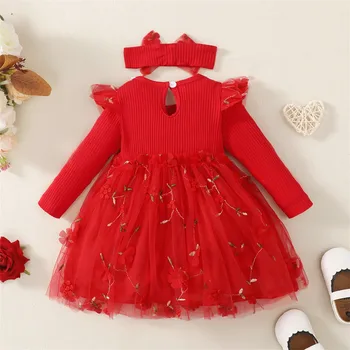 Весенне-осенние платья для новорожденных девочек, кружевное платье принцессы для девочек на Первый день рождения, красное детское новогоднее платье + повязка на голову Изображение 2